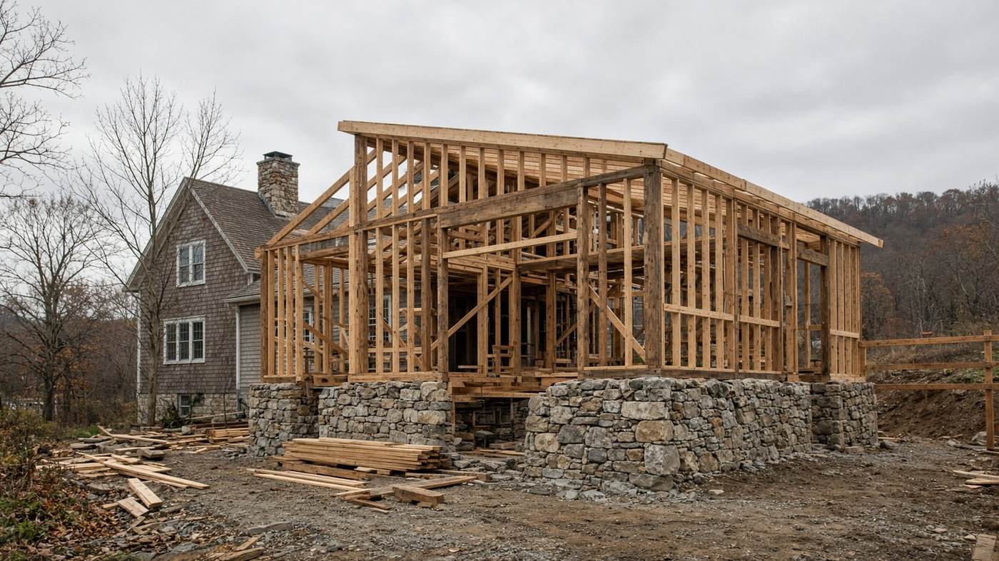 Hudson Valley home addition framed on a fieldstone foundation