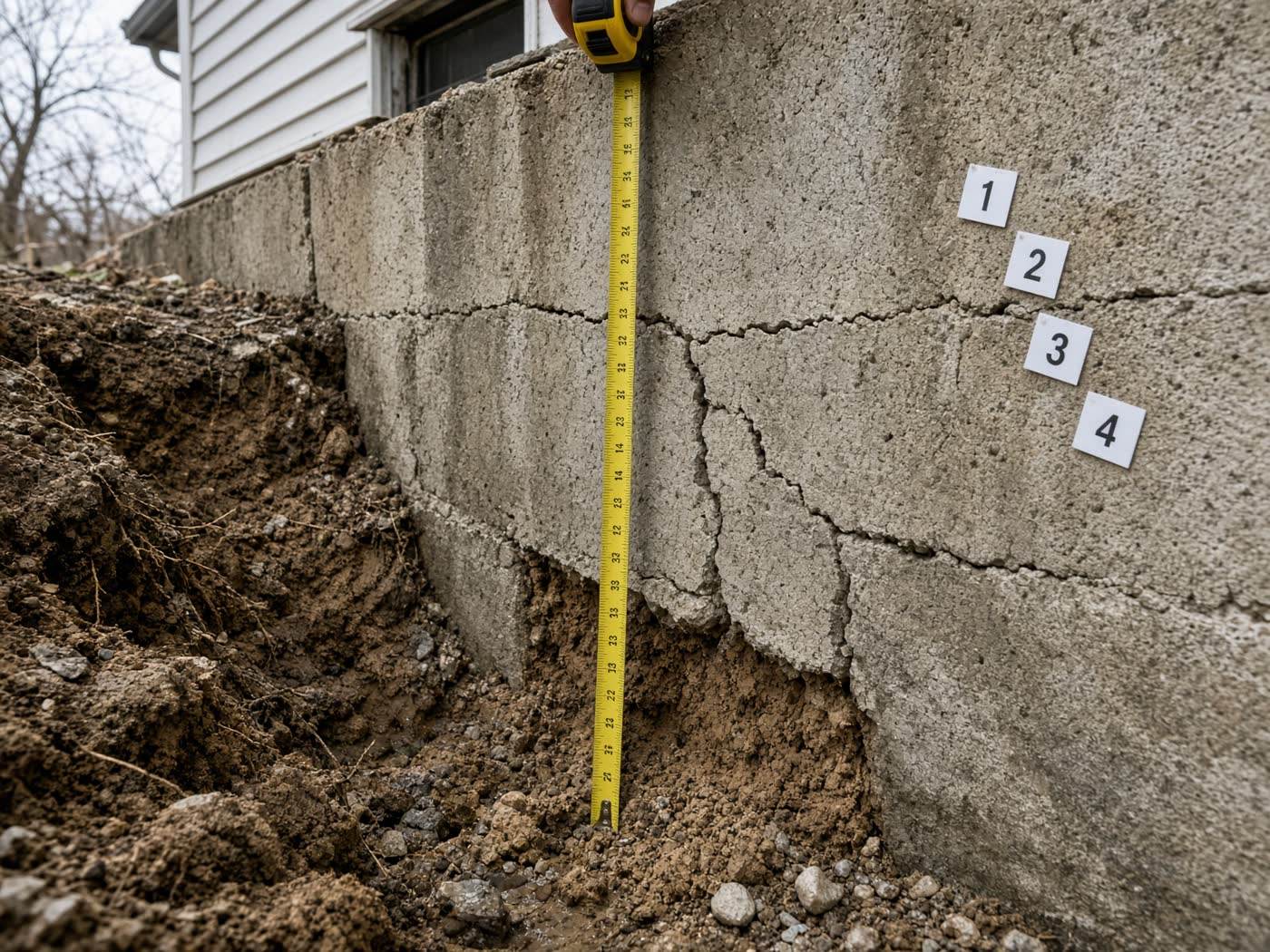 Tape measure and inspection markers on a cracked foundation after storm washout