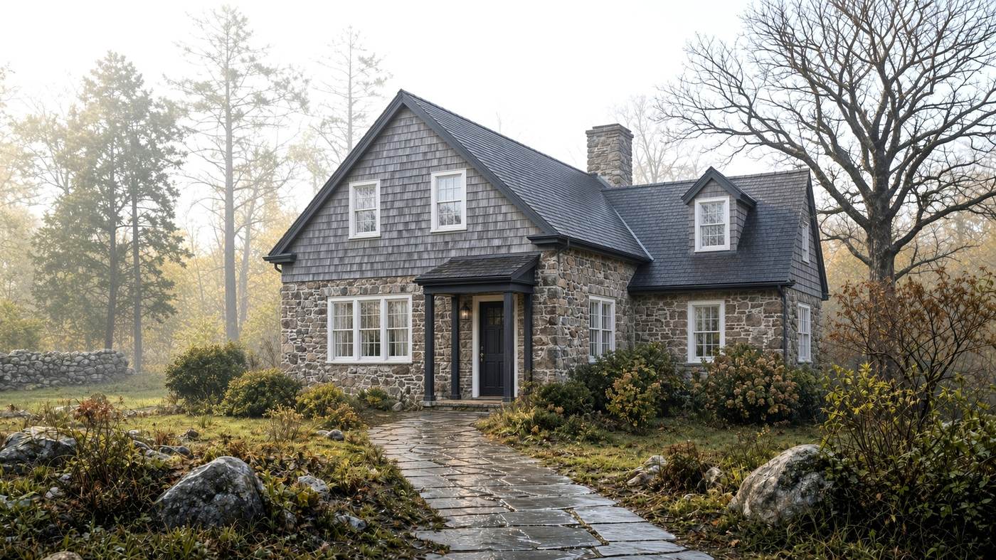 Hudson Valley house in morning light with a fieldstone foundation