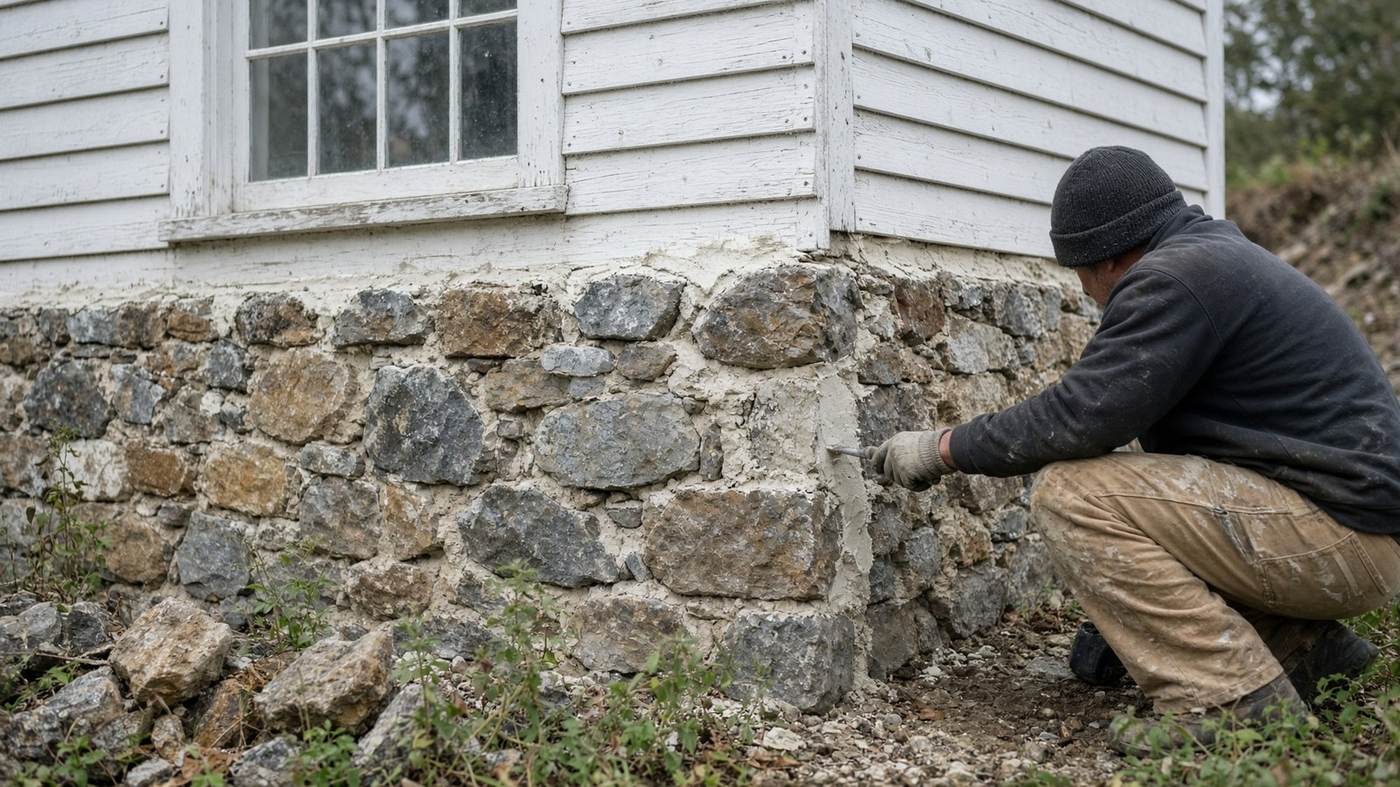 Fieldstone foundation being restored with traditional mortar
