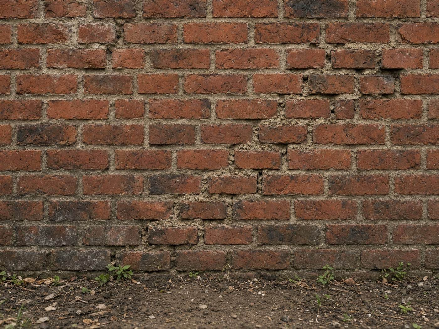 Wide stair-step crack in a red brick foundation