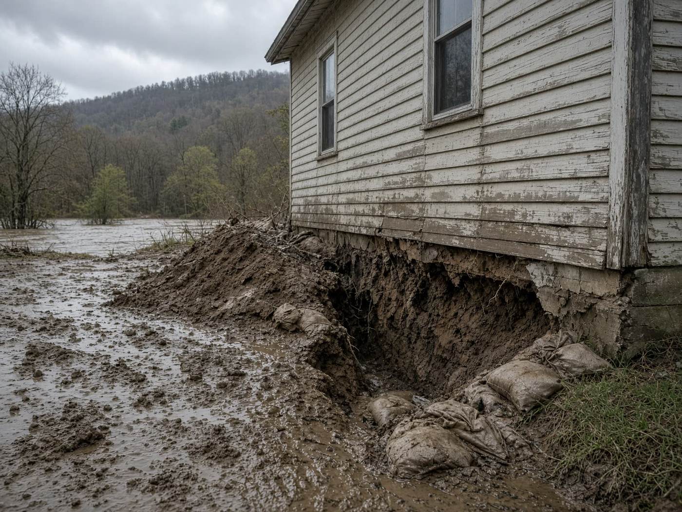 Soil eroded away from a house foundation after flooding