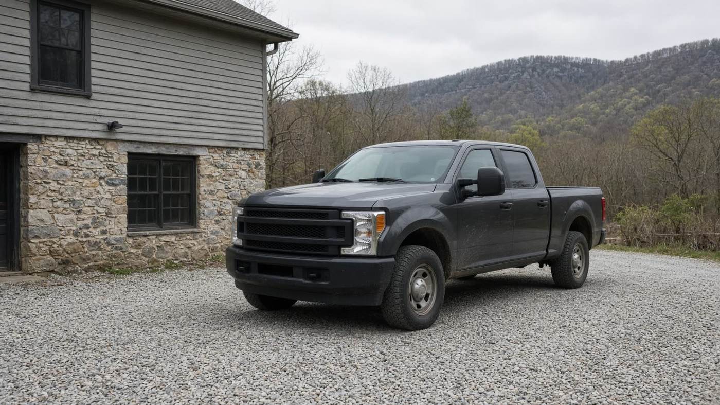 Work truck parked beside a Hudson Valley house with a fieldstone foundation
